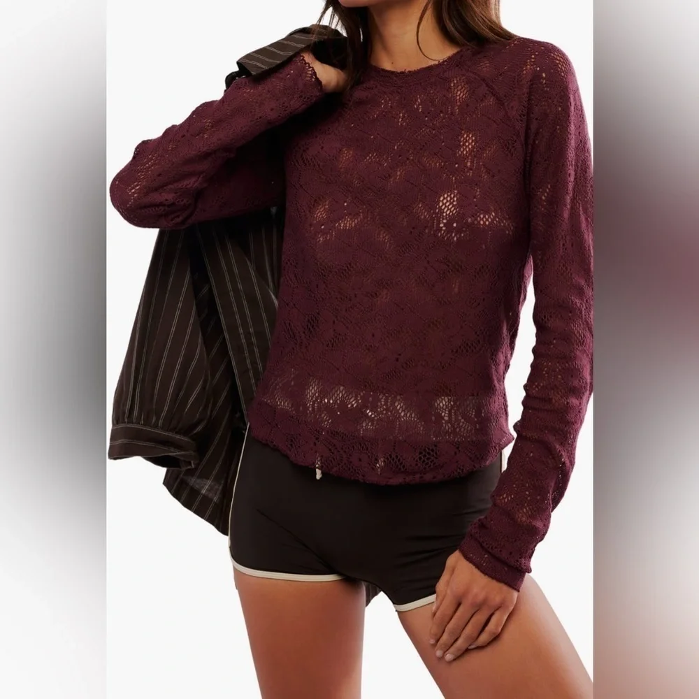 Free People Fitted Long Sleeve Semisheer Lace Top